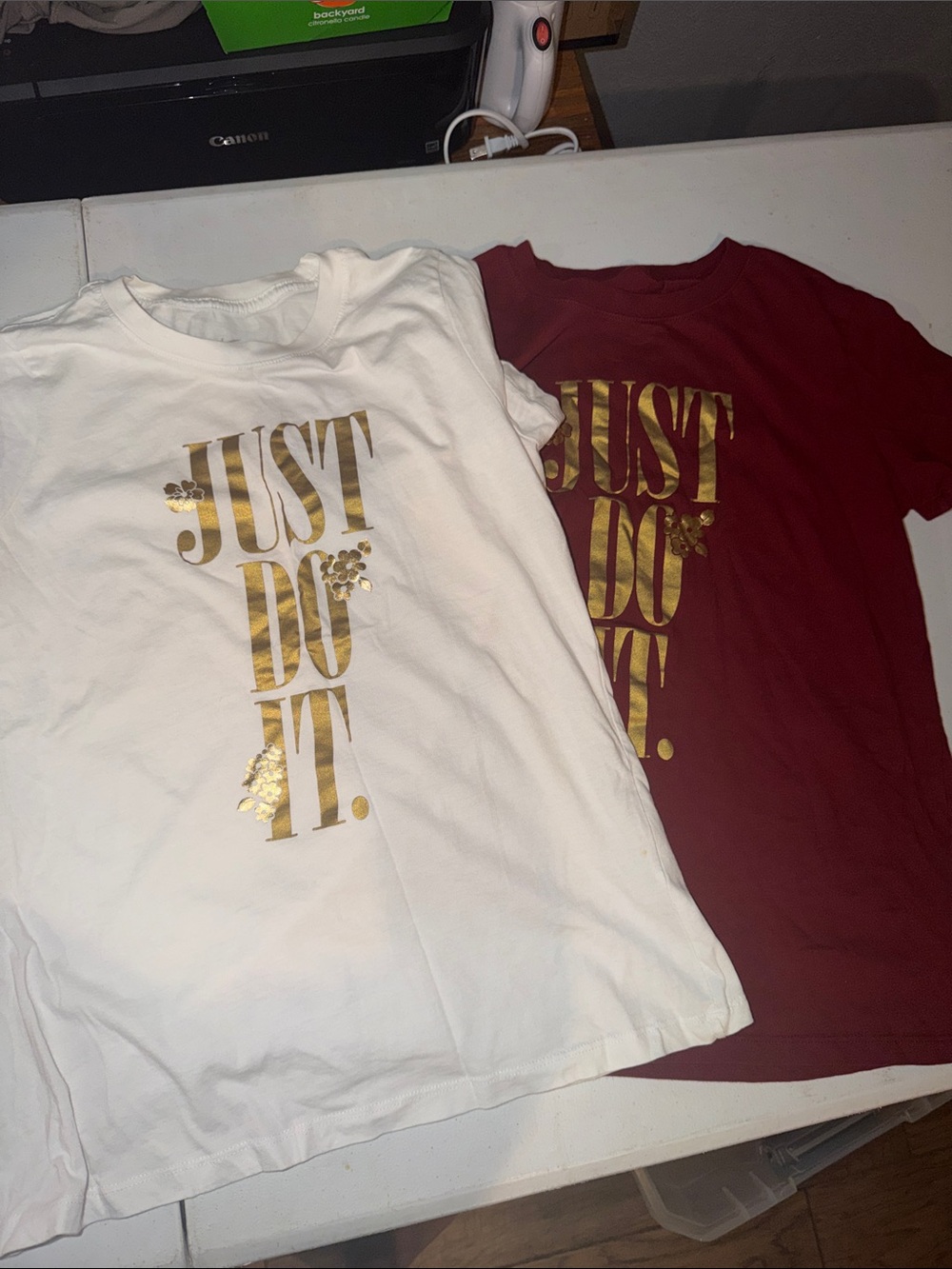 Nike "Just Do It." Short Sleeve Tee - White & Burgundy with Gold Print